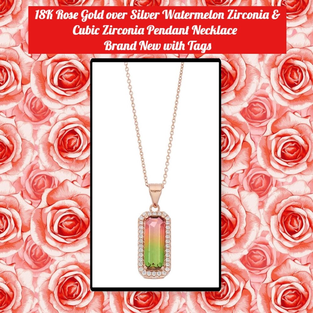 18K Rose Gold over Silver Watermelon Zirconia & Cubic Zirconia Pendant Necklace